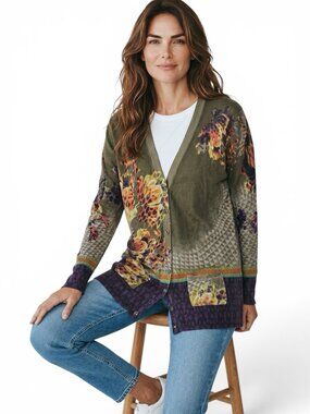 Etro floral print silk/cashmere long sleeve cardigan sweater sz 50